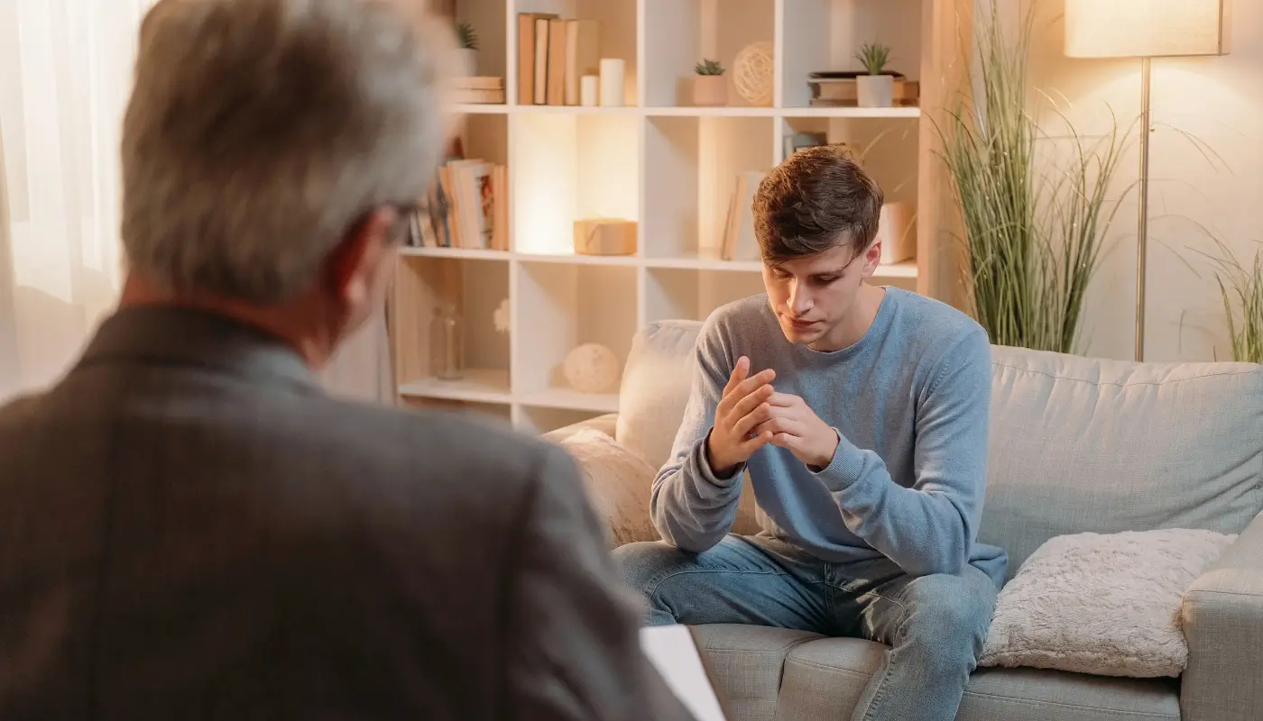 A young man sitting on a couch, looking anxious, and speaking to a therapist. We see the therapist's back.