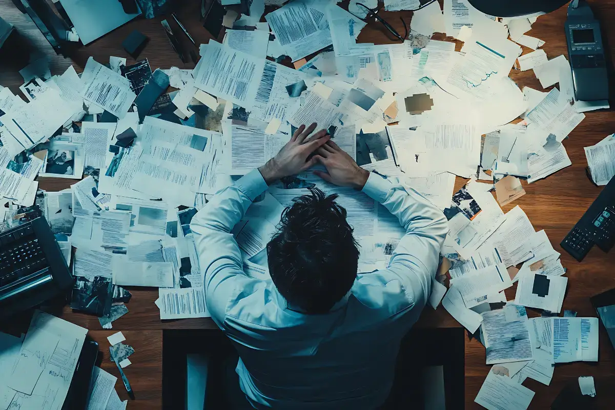 A man sitting at his desk, surrounded by papers and work